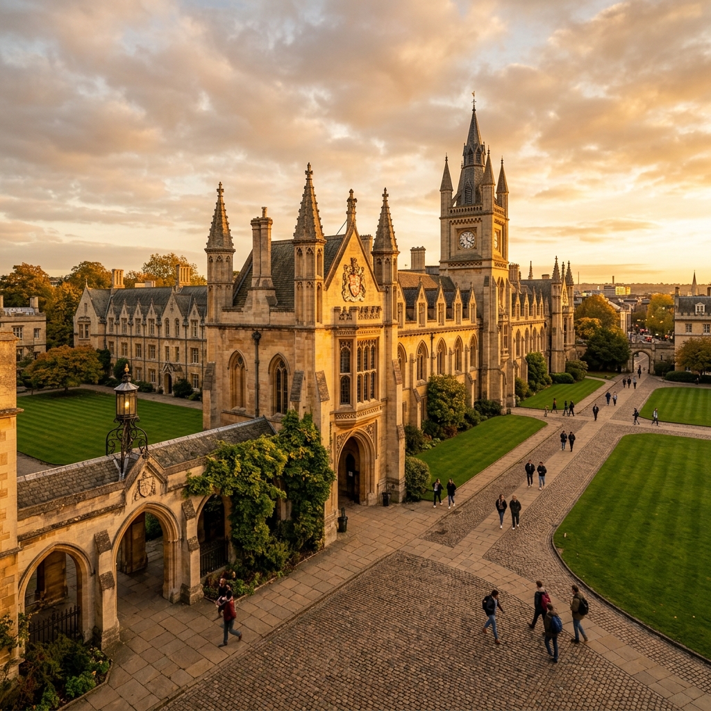 Historic European university campus glowing under golden hour sunlight