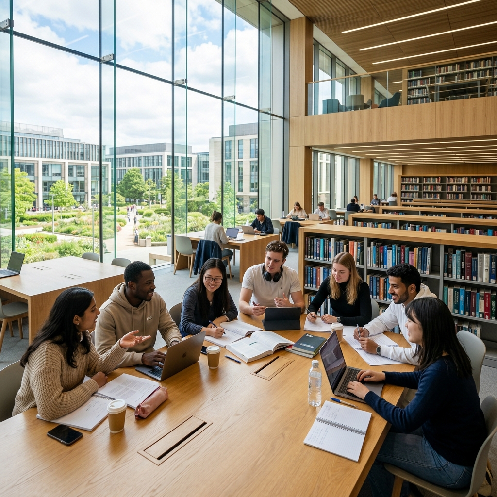 Stunningly modern glass-walled university library interior